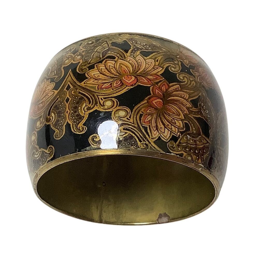 Vintage Gold Tone Chinese Cloisonne Floral Enamel Wide Bangle Bracelet B21-5